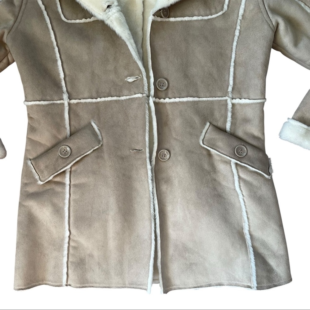 VINTAGE 90s Cream Faux Suede & Fur Hooded Coat Size Large - Picture 9 of 15